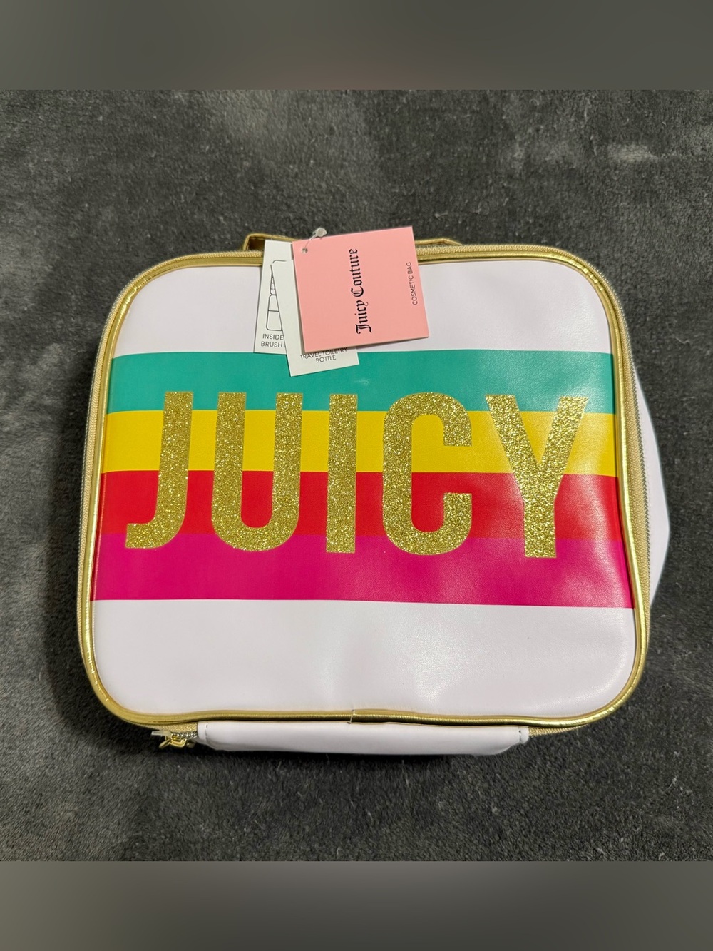 Juicy Couture White Stripe Cosmetic Case with Gold Glitter Logo